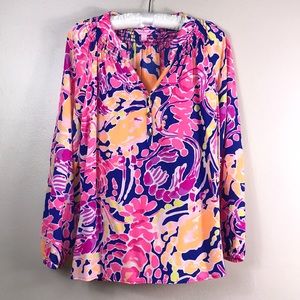 Lilly Pulitzer long sleeve v neck silk top size S